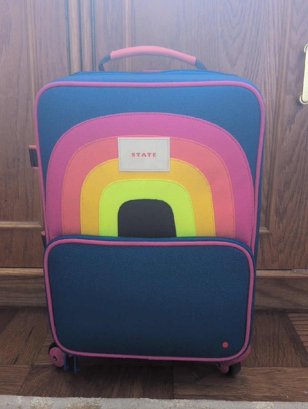 STATE Kids Rainbow Navy Pink Yellow Neon Rolling Suitcase